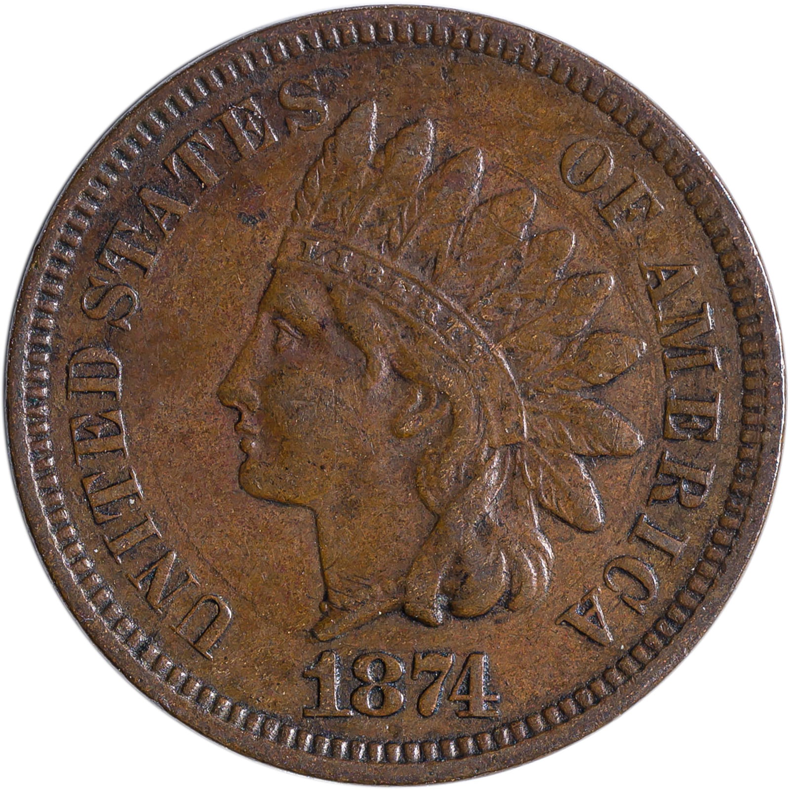 EF-45 1874 Indian Cent: Golden-brown surfaces, some lingering detritus on reverse.