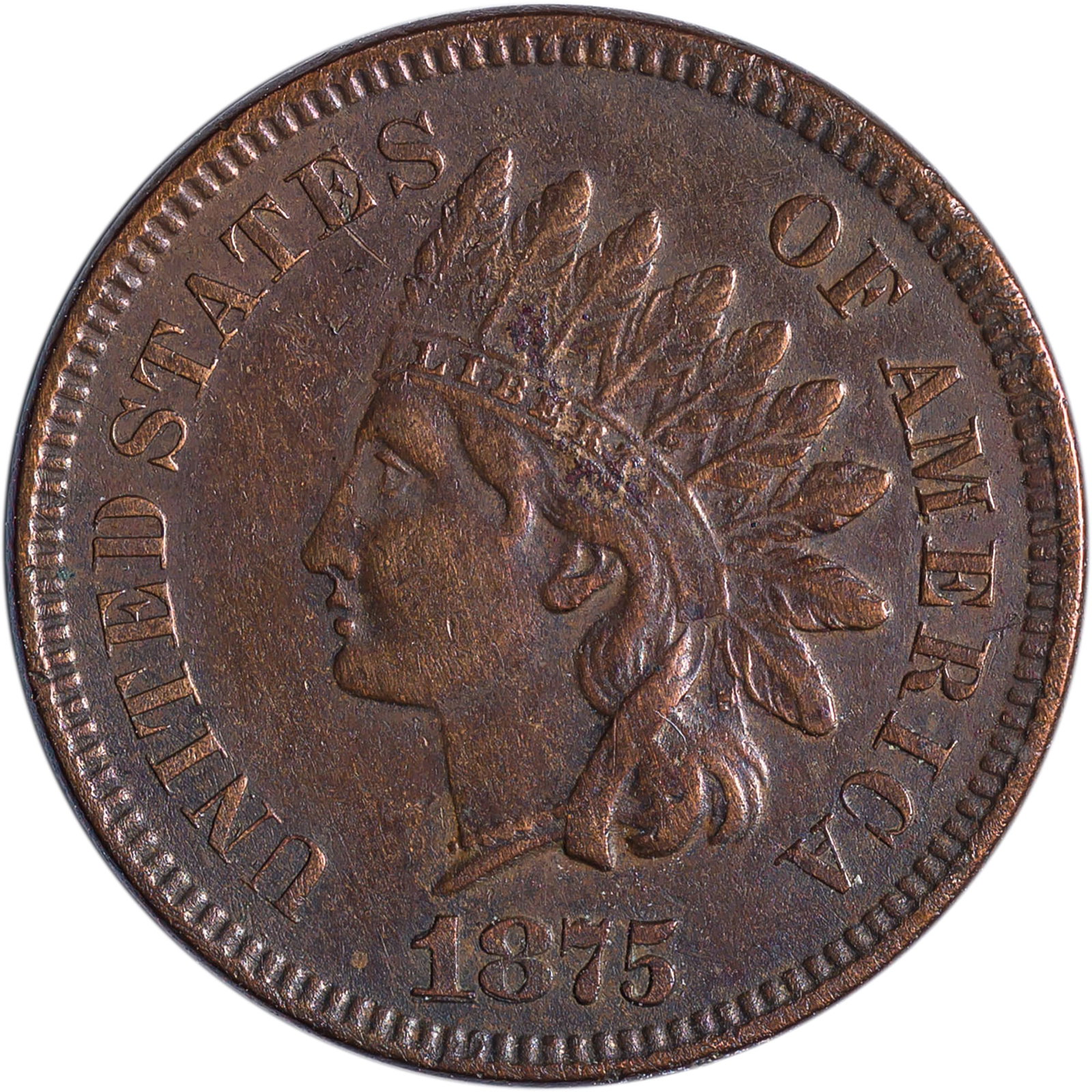 EF-45 Details 1875 Indian Cent: Repunched 18 in date. Retoning naturally with only trace evidence of a long-ago cleaning present.