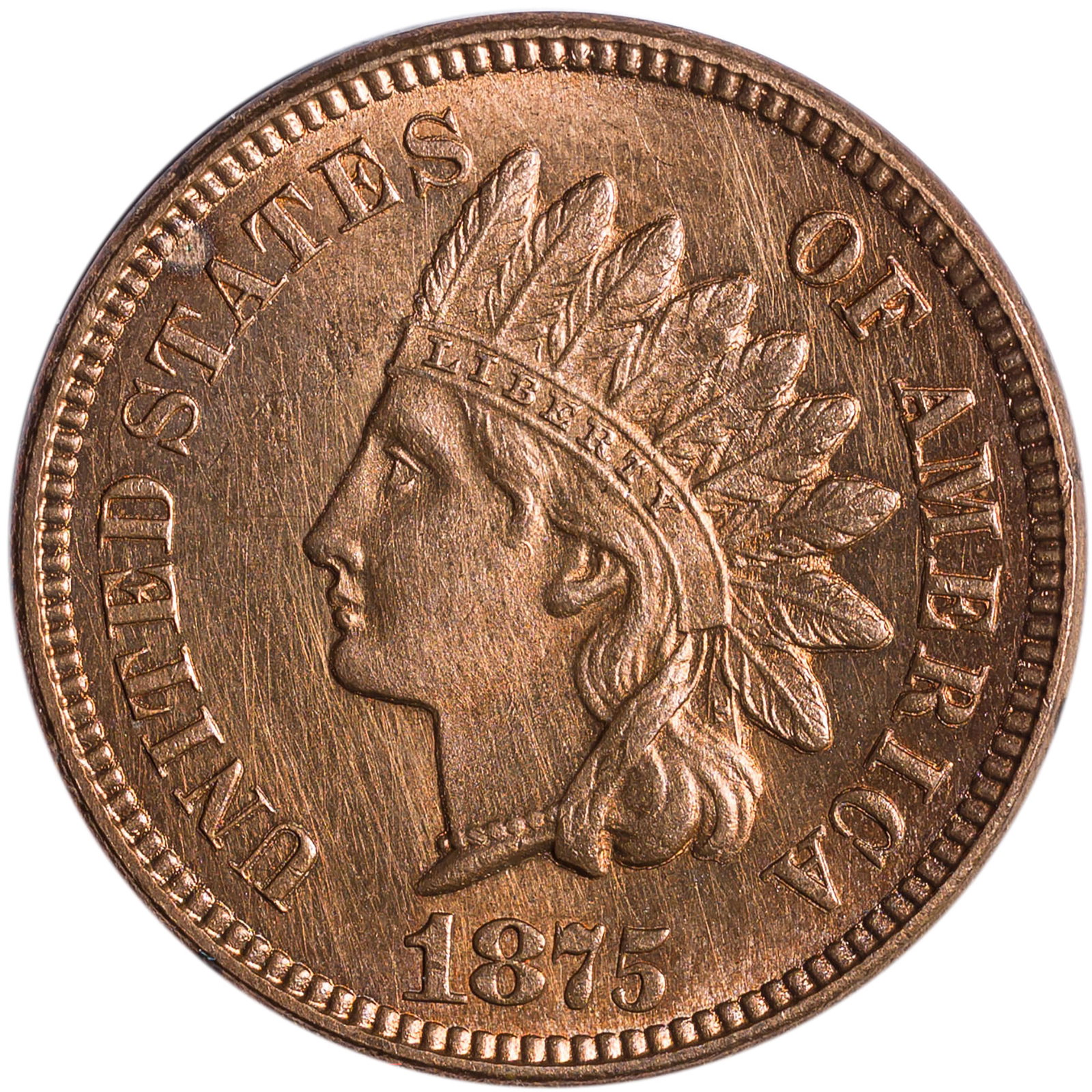MS-62+ Details 1875 Indian Cent: Dipped long ago, now recovering with deepening orange-red highlights. Sharp.