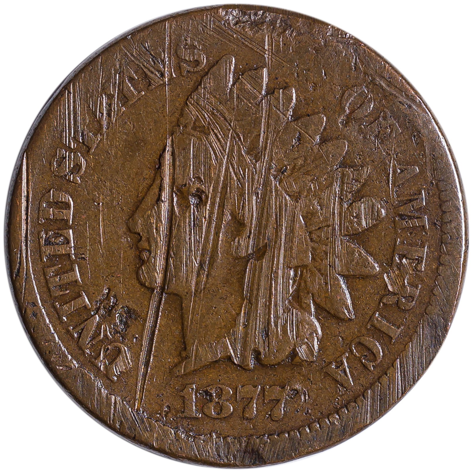 Good-VG Details 1877 Indian Cent: Deep golden-tan. Heavy scrapes both sides. A classic "filler" example of this key date.