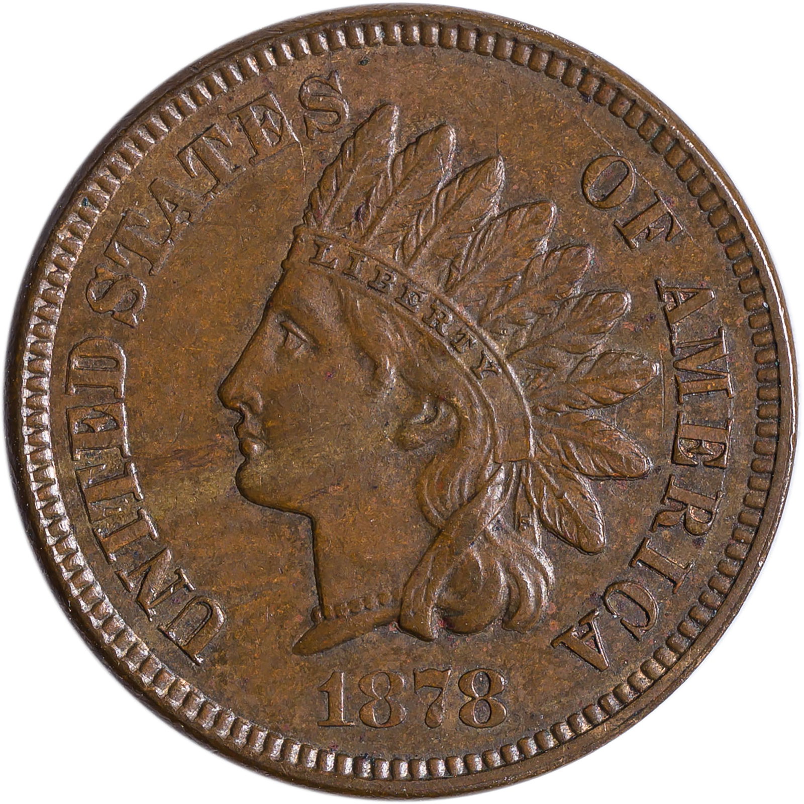 MS-60 BN 1878 Indian Cent: Medium brown surfaces yield frosty mint red splashes among the design elements, especially on the reveres.