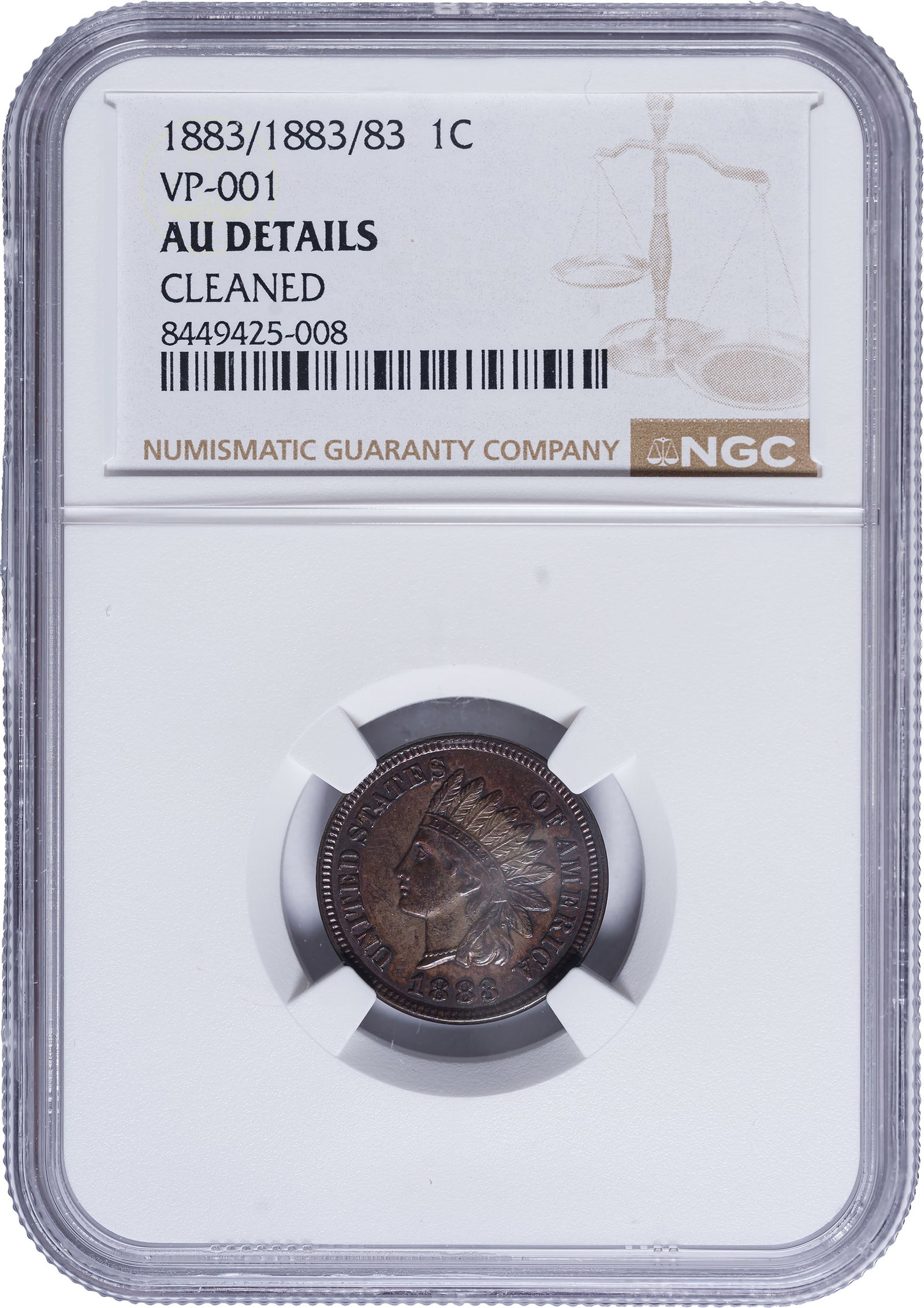 NGC AU Details 1883/1883/83 Indian Cent: VP-001. Cleaned long ago and now toned back nicely. An interesting variety.