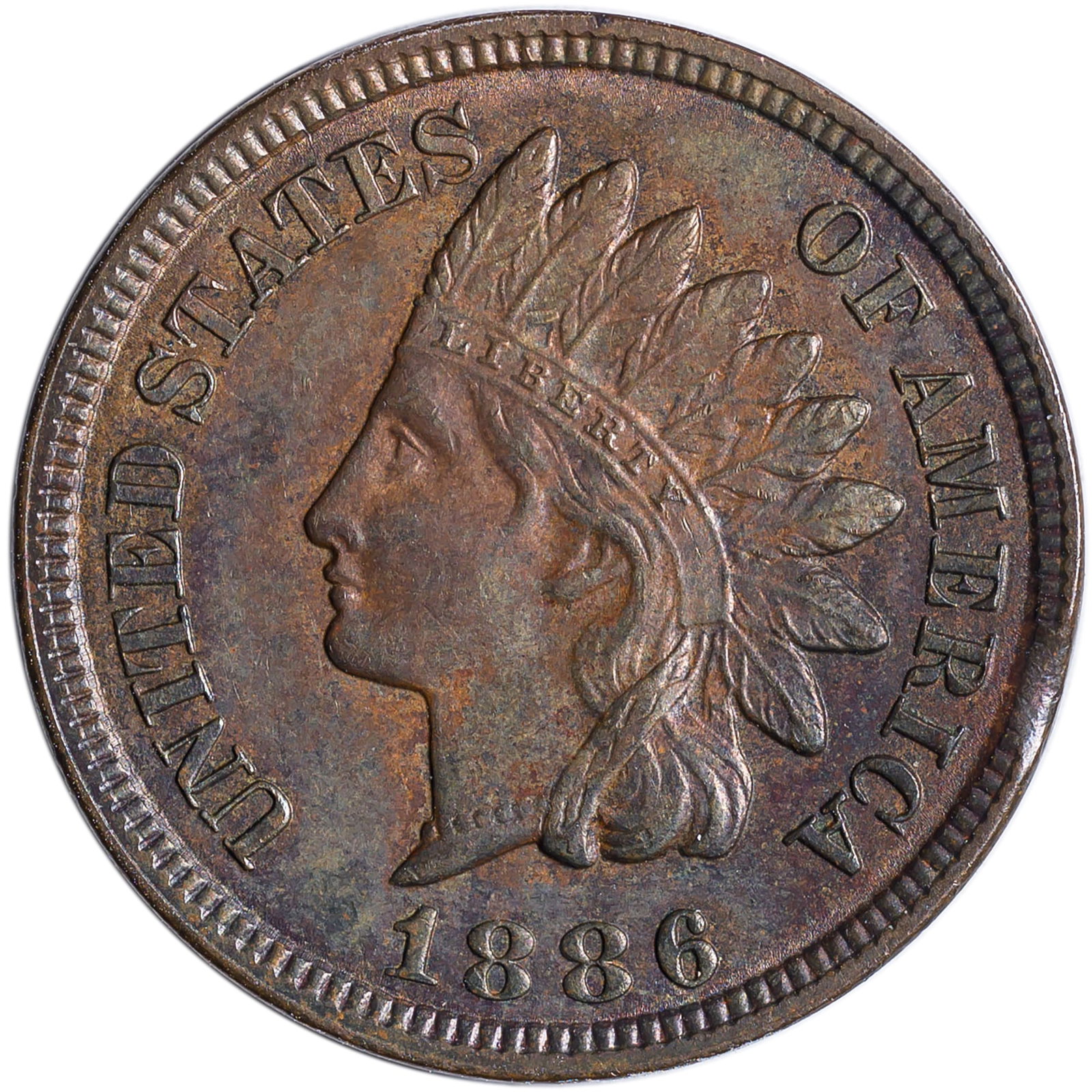 AU-50+ 1886 Type II Indian Cent: Sharp and lustrous with golden-tan surfaces. A tiny rim clip is seen at 3:00 relative to the obverse. Lowest feather points between C and A in AMERICA.