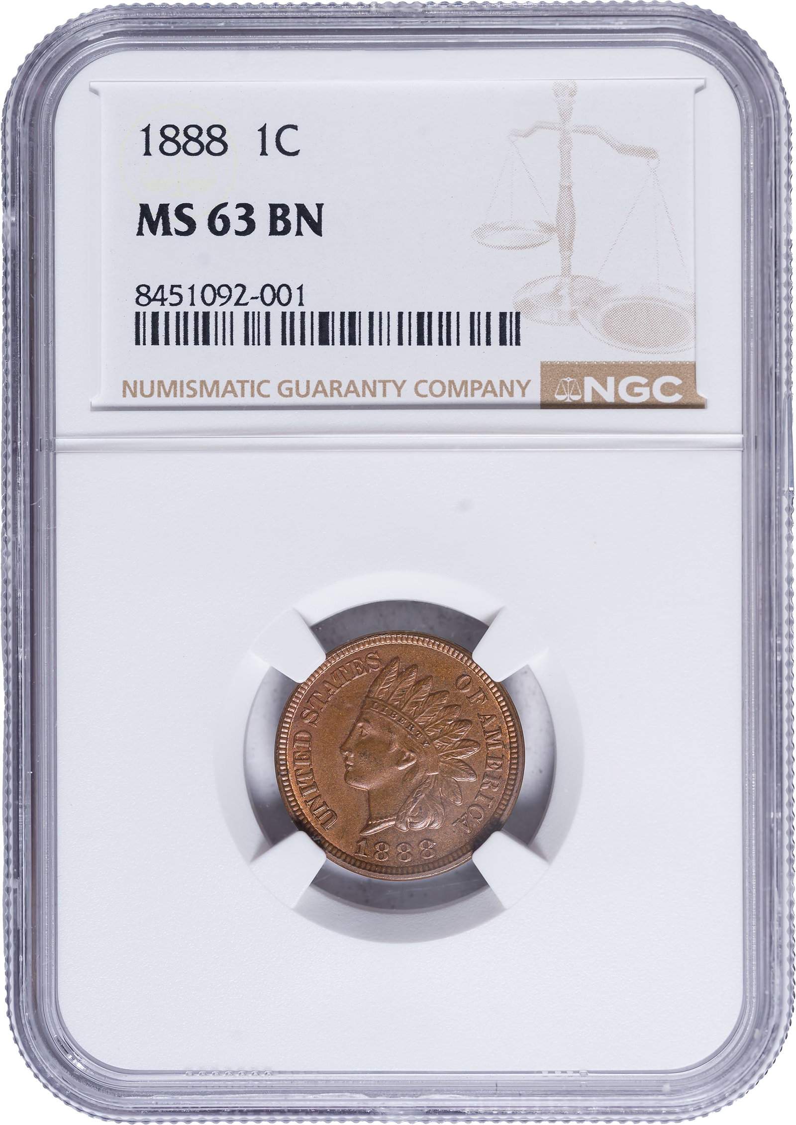 NGC MS-63 BN 1888 Indian Cent: A satiny blend of red and tan makes for a satisfying example of the date. Sharp and lustrous.