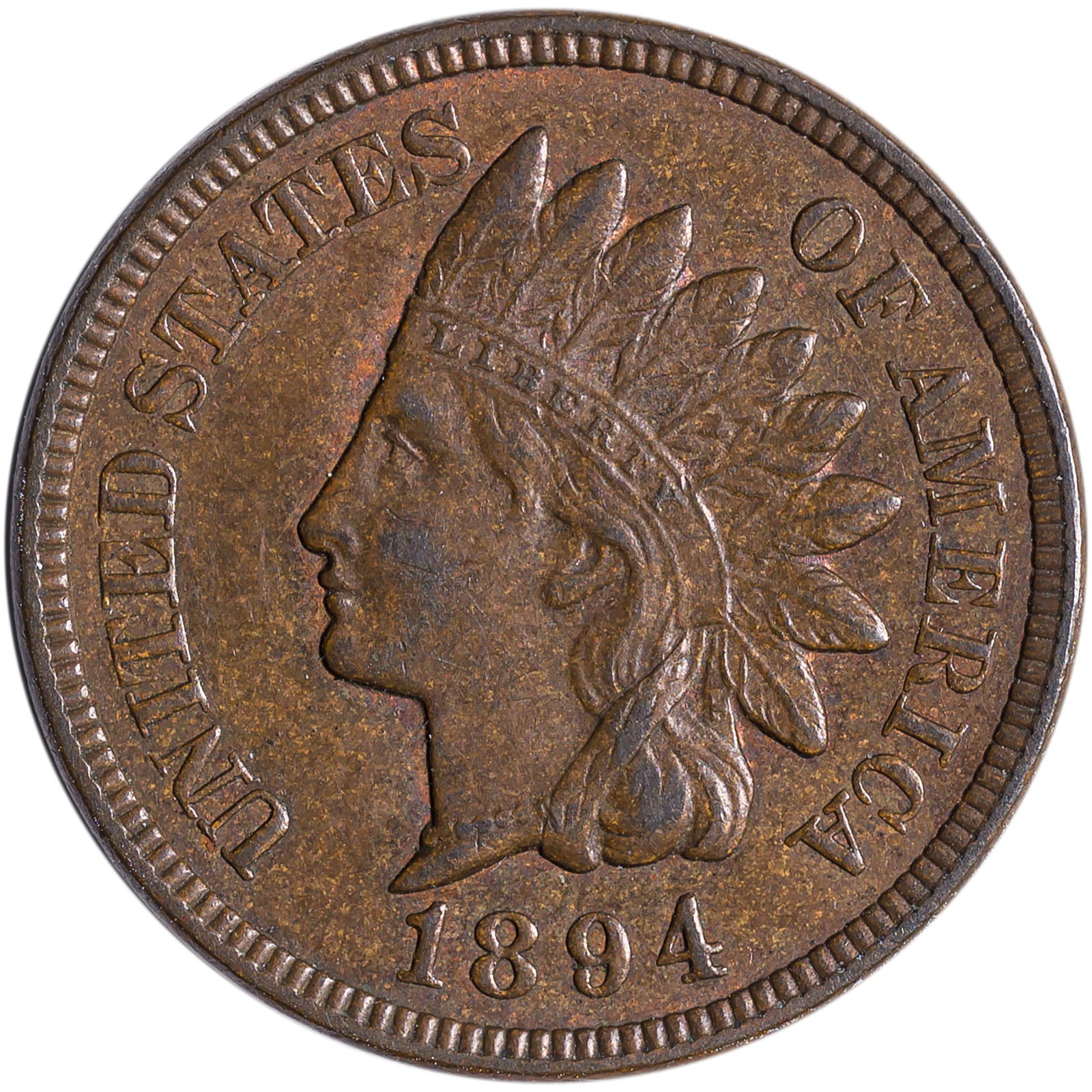 MS-60 BN 1894 Indian Cent: Lustrous deep golden-brown with underlying red mint frost.