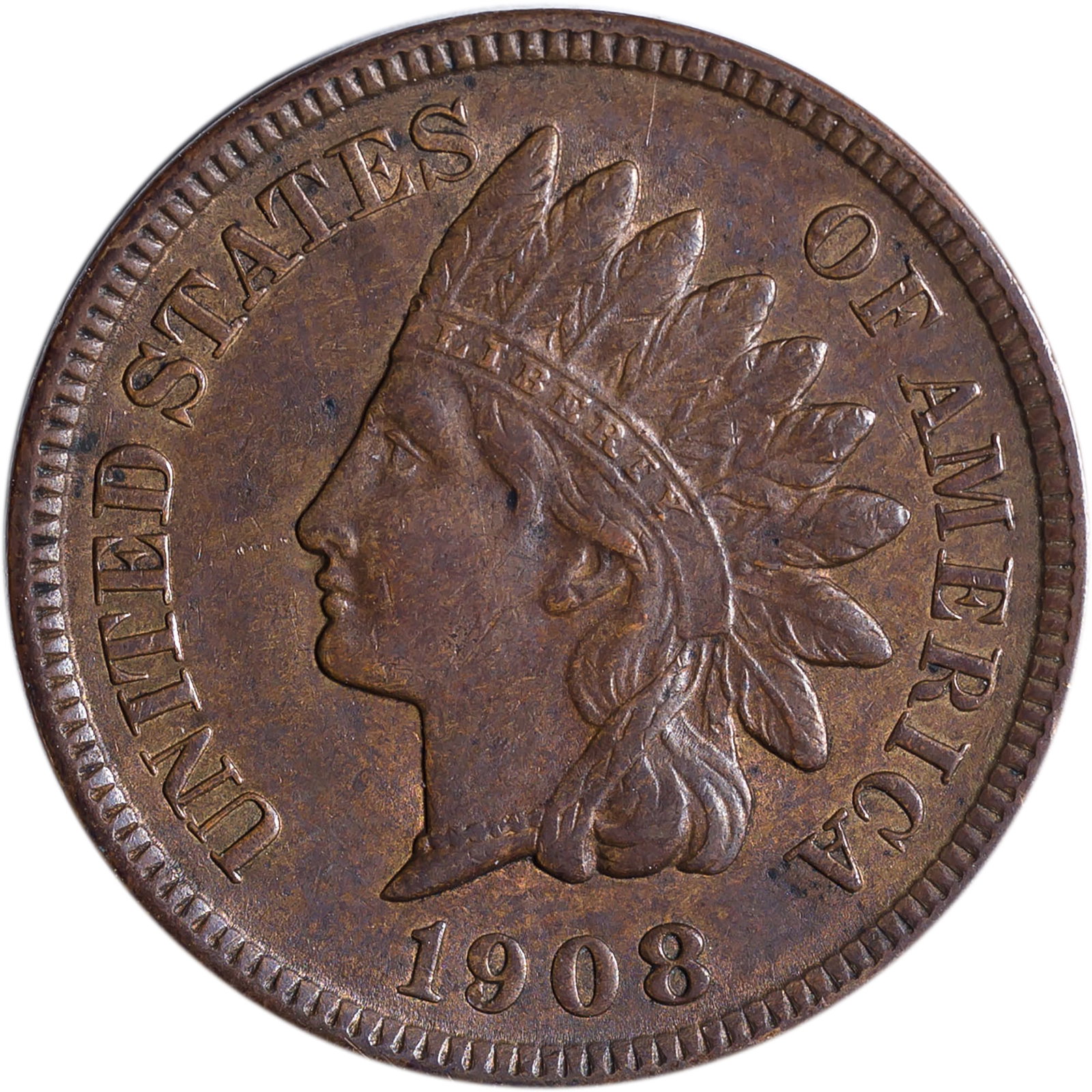 AU-50+ 1908-S Indian Cent: Mark-free satiny golden-brown surfaces. The first branch mint coinage in the cent denomination, 1793-present.