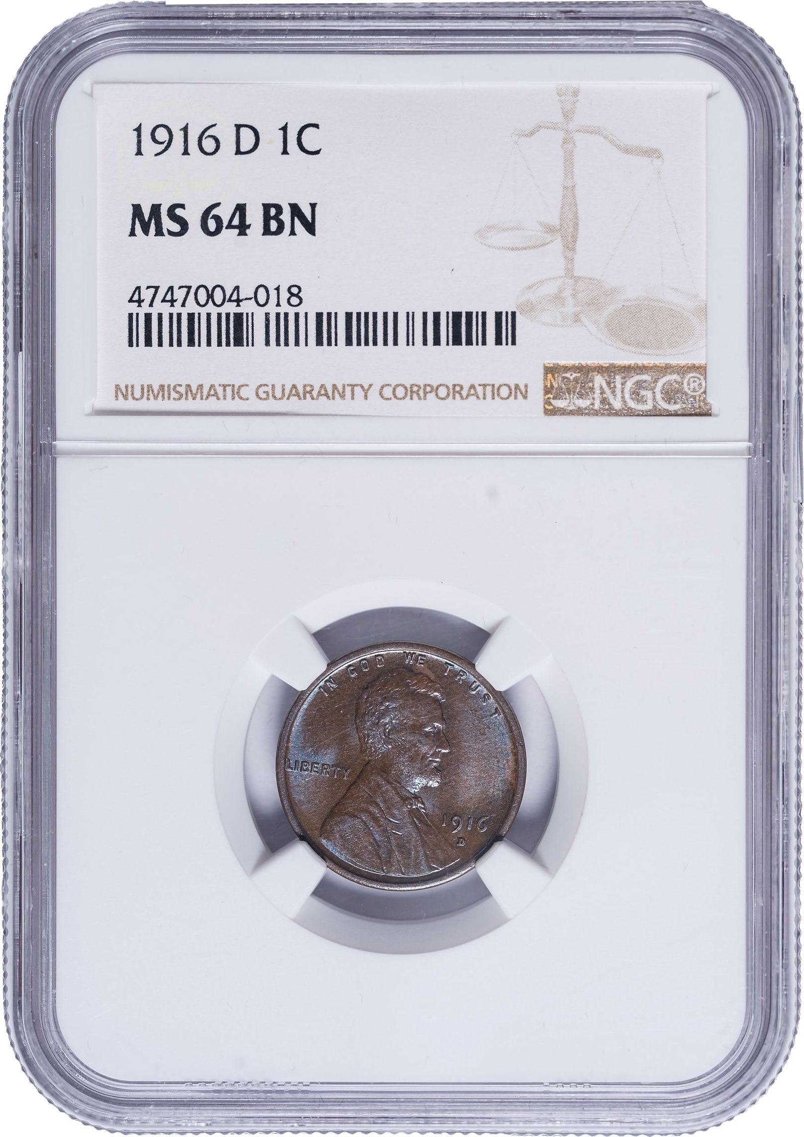 NGC MS-64 BN 1916-D Lincoln Cent: Richly lustrous chocolate-brown throughout with lively neon-blue iridescence from stem to stern. Sharp and aesthetically pleasing.