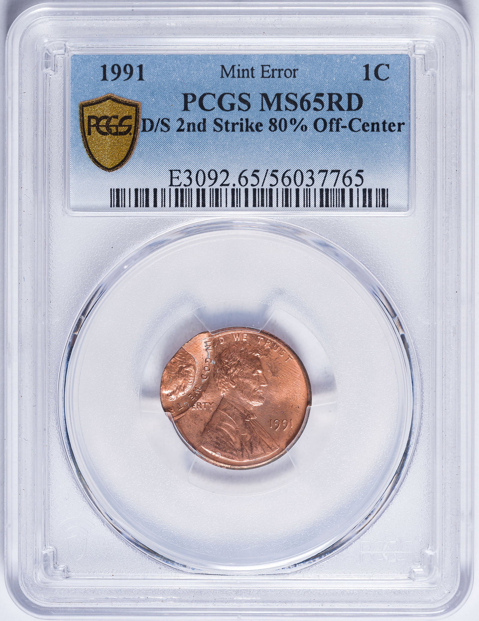 PCGS MS-65 Red Double Struck 1991 Lincoln Cent: An impressive error with the 2nd strike being 80% off center.