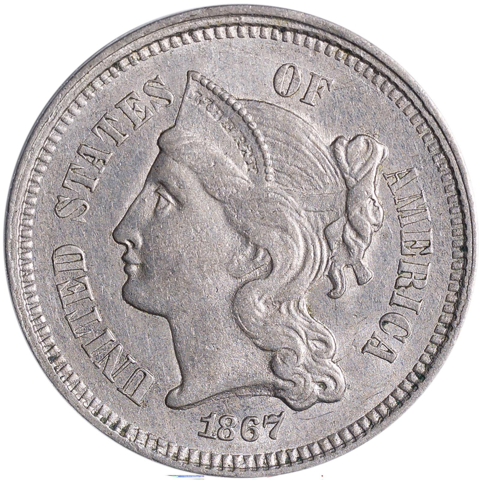 AU-58 Slider 1867 Nickel Three-Cents