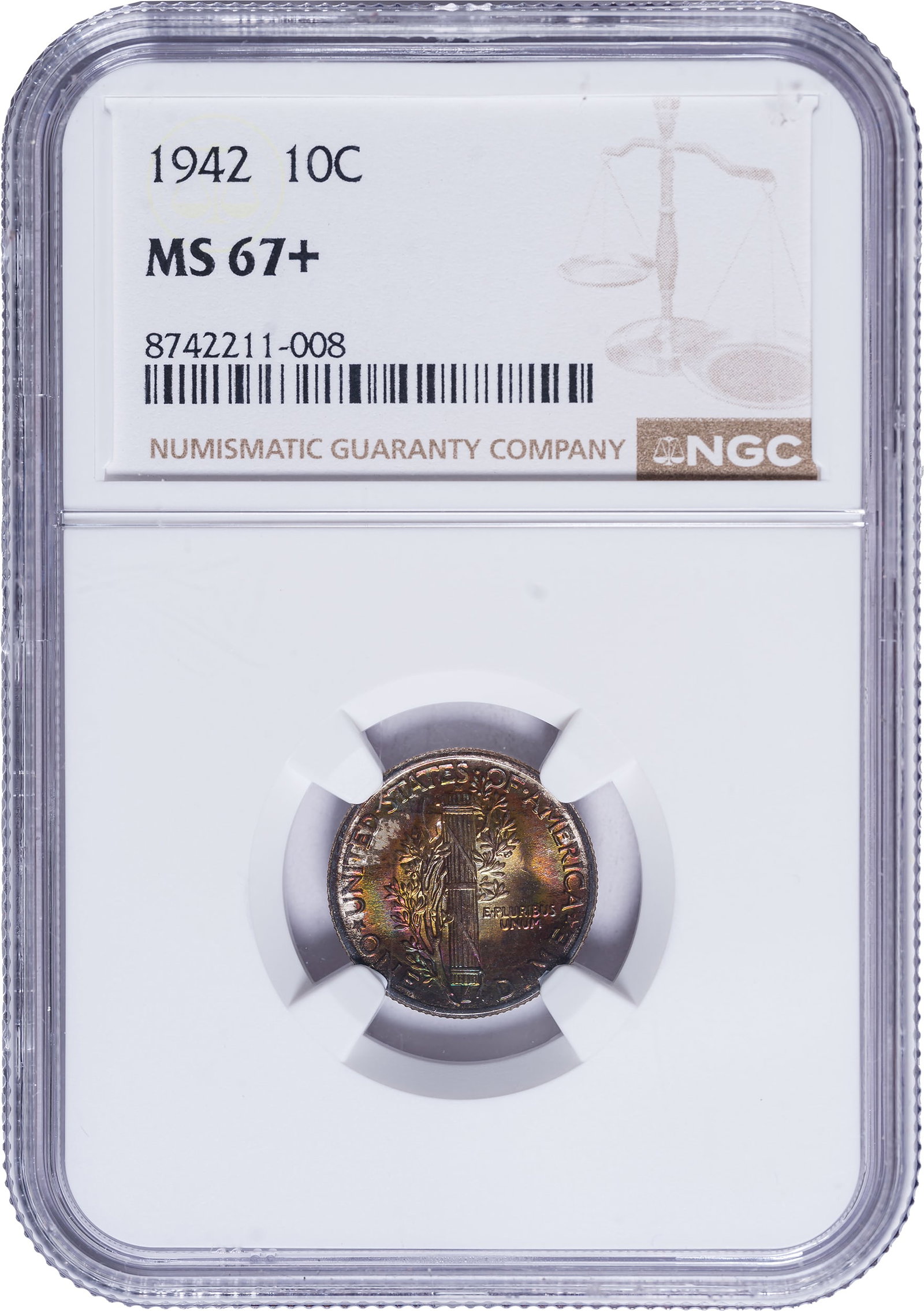 NGC MS-67+ 1942 Mercury Dime: The near perfect Mercury has a splash of multi colored tone on the reverse which assures it will bring a large premium.