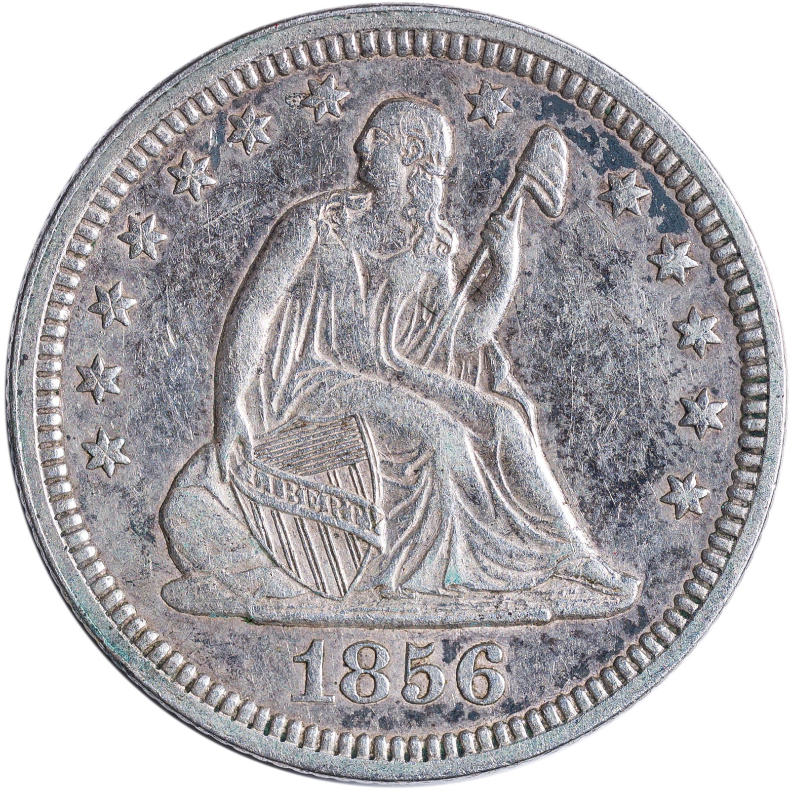 AU Details 1856 Quarter: Cleaned. Nicely regaining its original look with a dusting of silver-gray toning throughout..