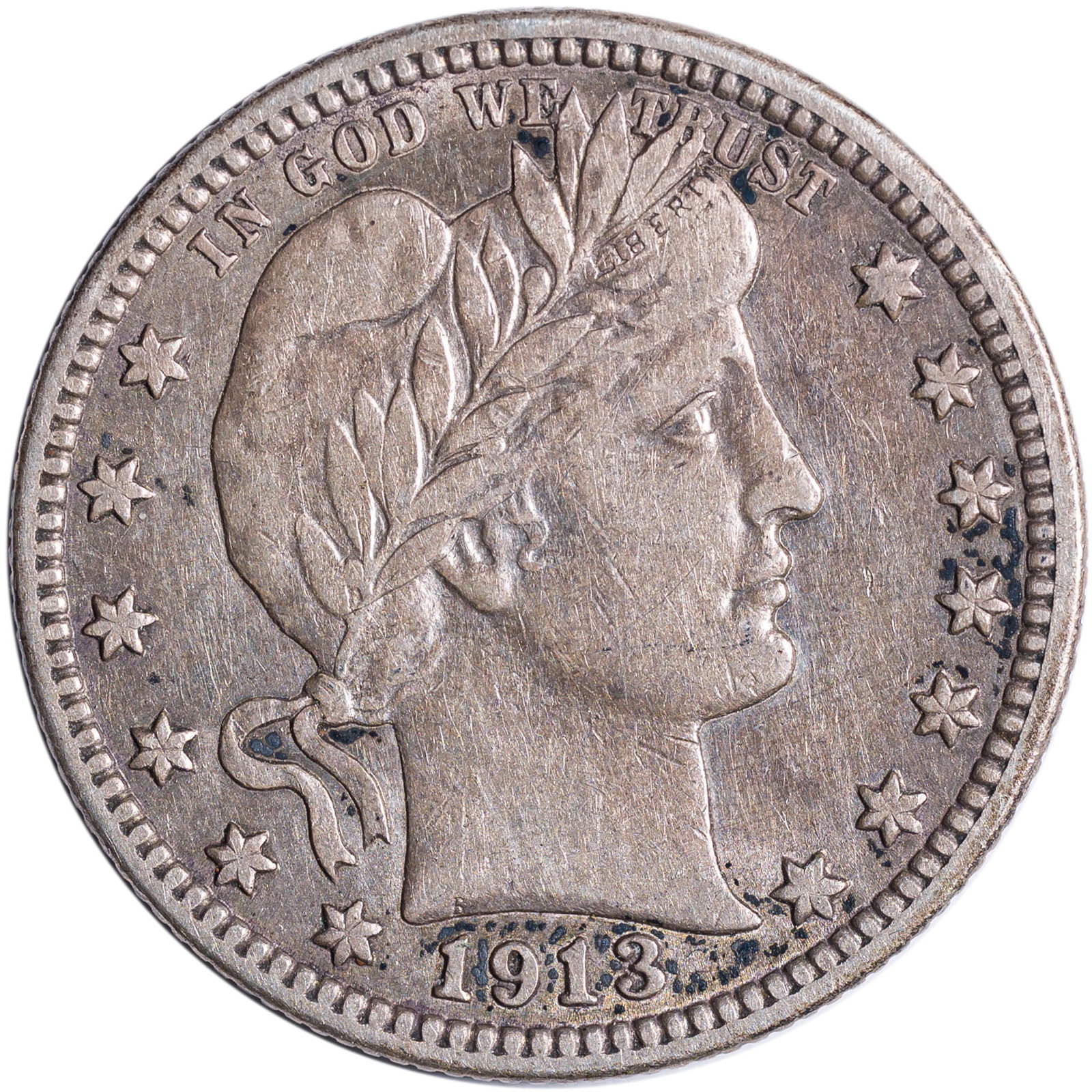 EF-45 1913 Barber Quarter: Lustrous pale golden-gray with some deeper gold in the protected areas. Philadelphia struck just 484,000 examples of the date; local commerce chewed them up and spit them out as soon as they hit circu