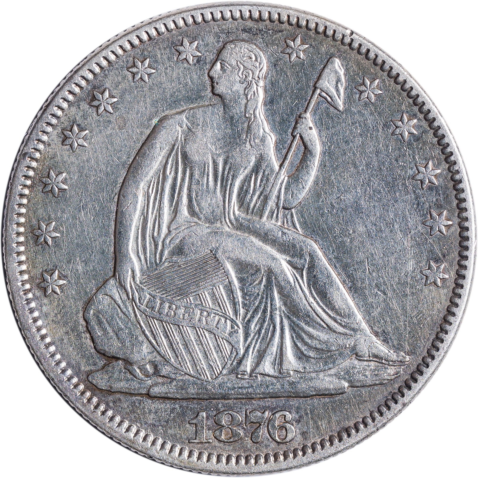 AU Details 1876 Half Dollar: Cleaned at some point, now recovering its composure in shades of pale gold.
