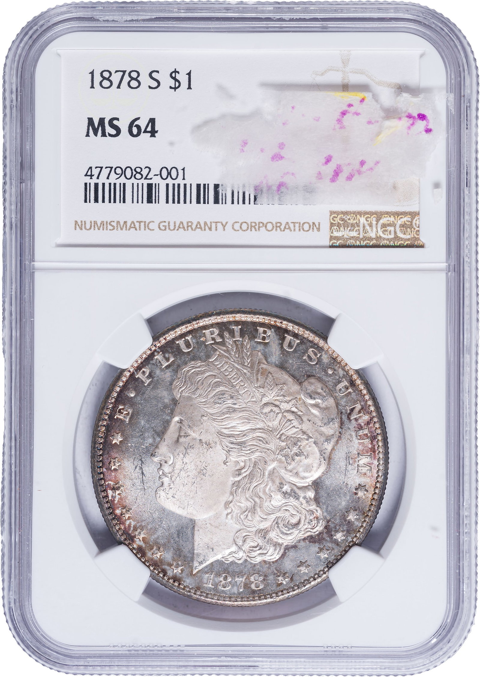NGC MS-64 Toned 1878-S Morgan Dollar: Frosty motifs and somewhat pleasing PL surfaces offer warm and rich gold, crimson, and blue tones at the rims.