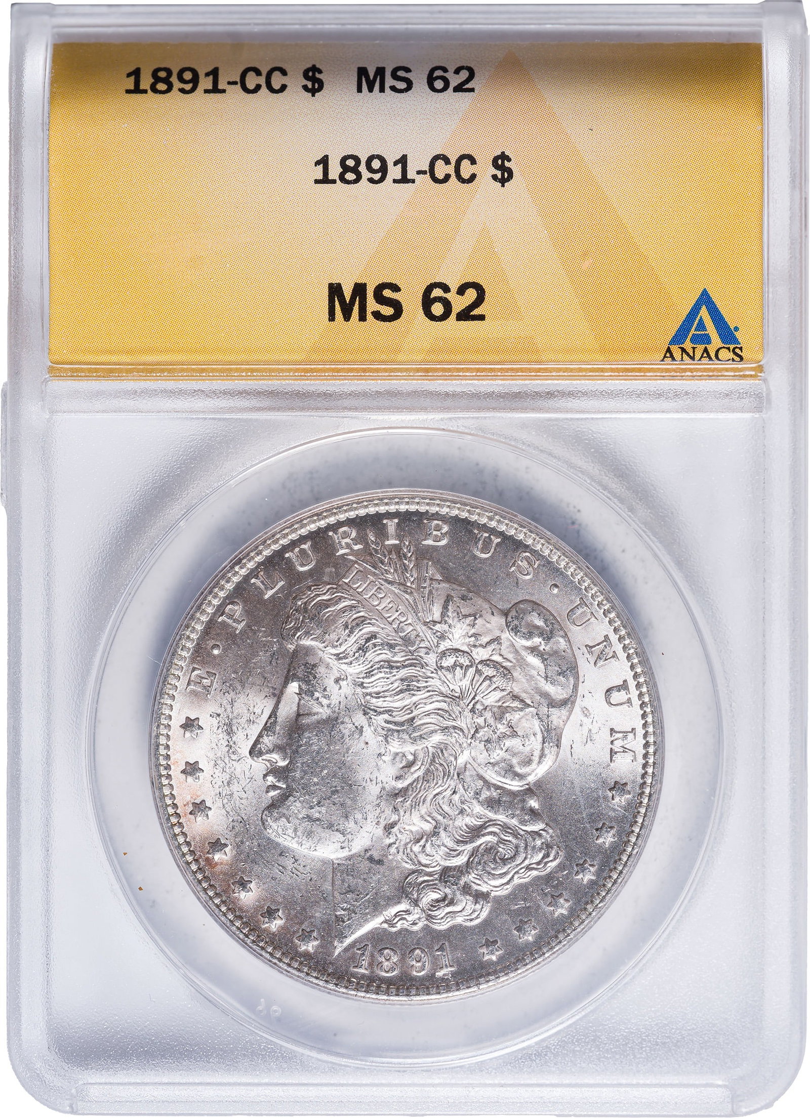 ANACS MS-62 1891-CC Morgan Dollar: Sharply struck and alive with abundant cartwheel luster. Choice for the grade; just a few light obverse marks keep this from a far finer grade.