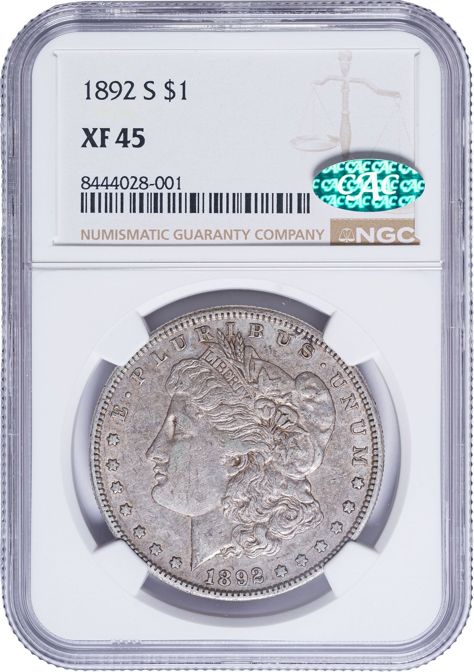 NGC EF-45 CAC 1892-S Morgan Dollar: Evenly worn silvery gray surfaces were seemingly immune to contact marks during its moderately lengthy stay in pocket change.