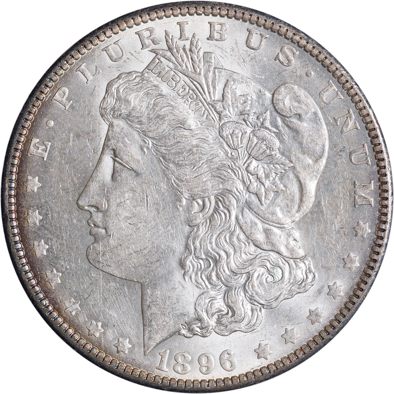 MS-60 1896-O Morgan Dollar: Frosty and lustrous pale golden surfaces with a trace amount of olive iridescence.