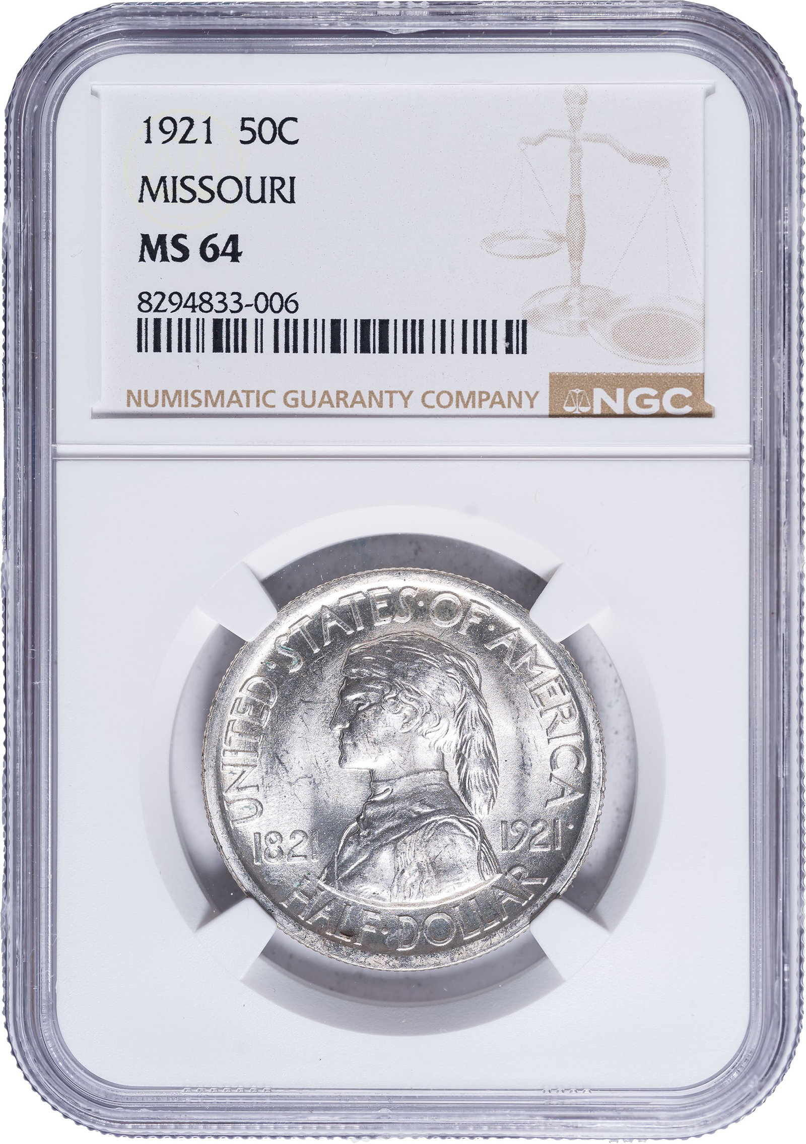 NGC MS-64 1921 Missouri Half Dollar: A superlative coin for the grade. The luster is unquenchable, the strike is bold for the issue, and the eye appeal is substantial. The only US coinage issue without the appearance of E PLURIBUS UNUM