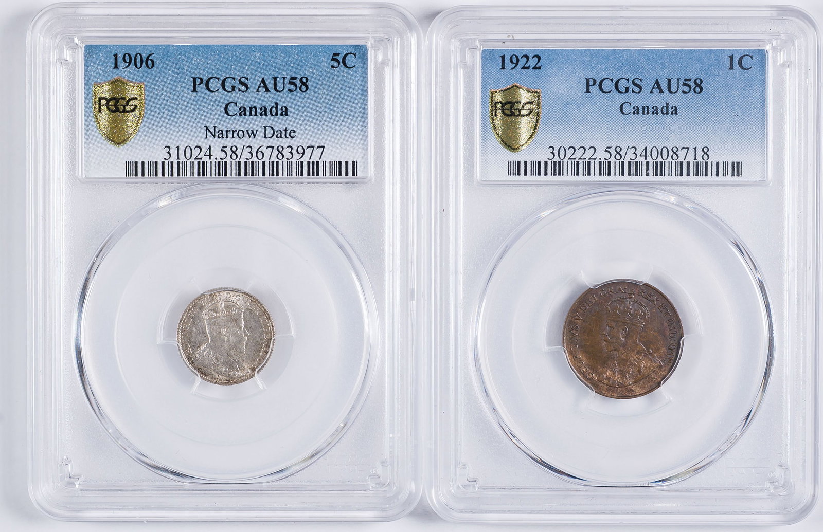 Canada. PCGS-Certified Denomination Duo: Includes: Cent. 1922 AU-58; and Five-Cents Silver. 1906 AU-58. (Total: 2 pieces)