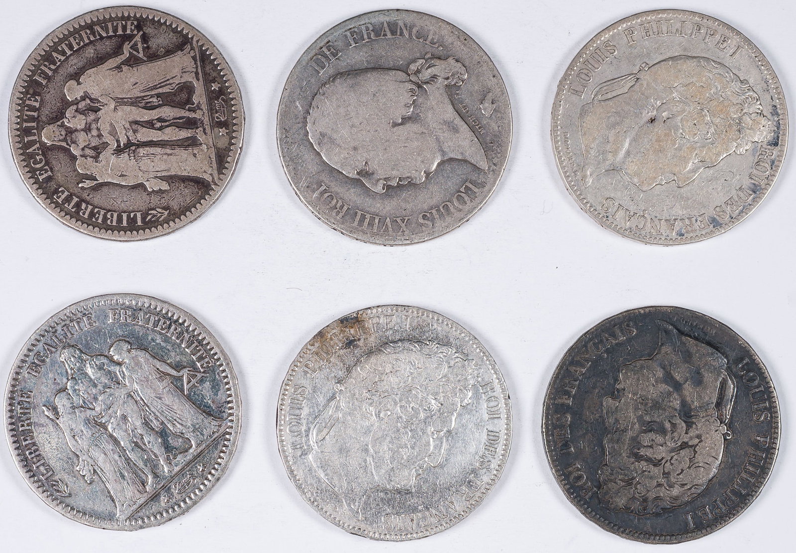 France. 6 Pcs VG-F 1816-73 5 Francs: Each contains .7234 ounces of pure silver. (Total: 6 pcs)