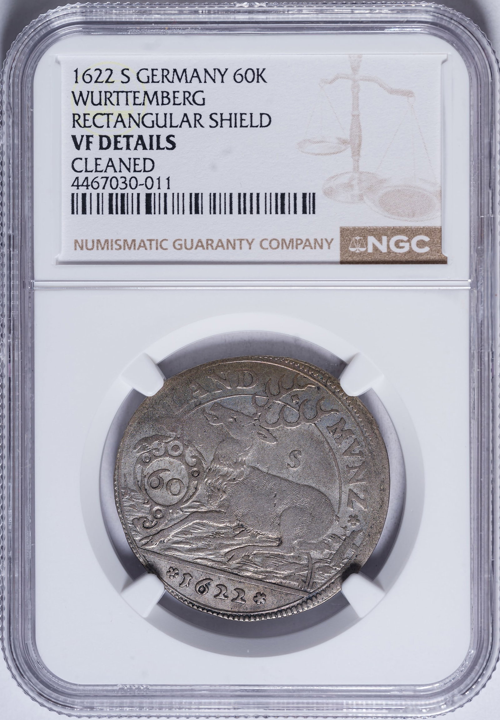 Germany. NGC VF Details 1622 60 Kruezer: Wurttemberg. Rectangular Shield. The holder notes a cleaning which is not of any great significance to our eyes.