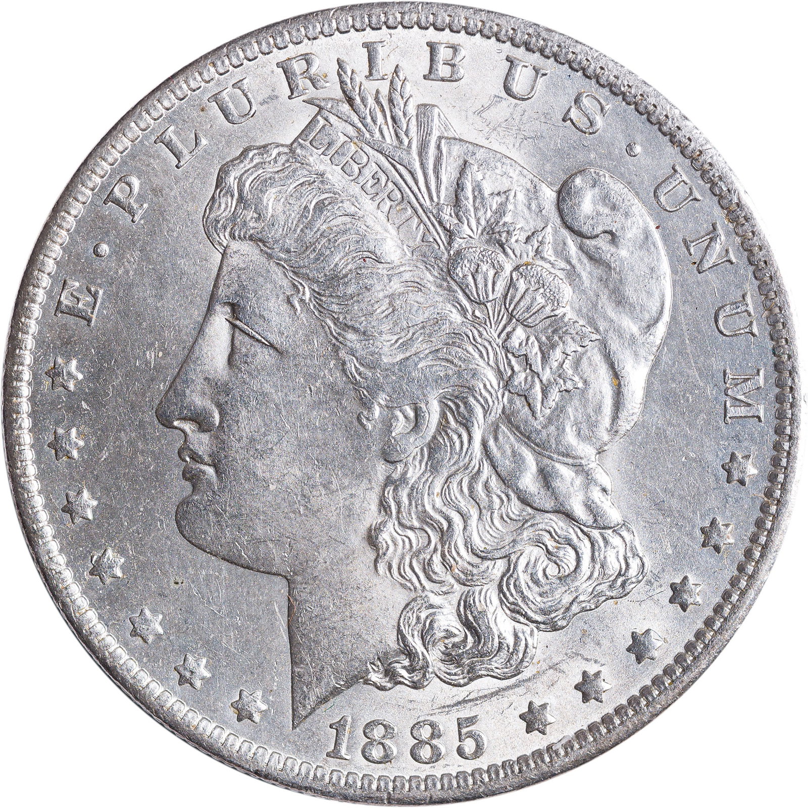MS-60+ Morgan and Peace Dollar Pair: Includes: 1885-O Morgan; and 1923 Peace. Both frosty and lustrous. (Total: 2 pieces)