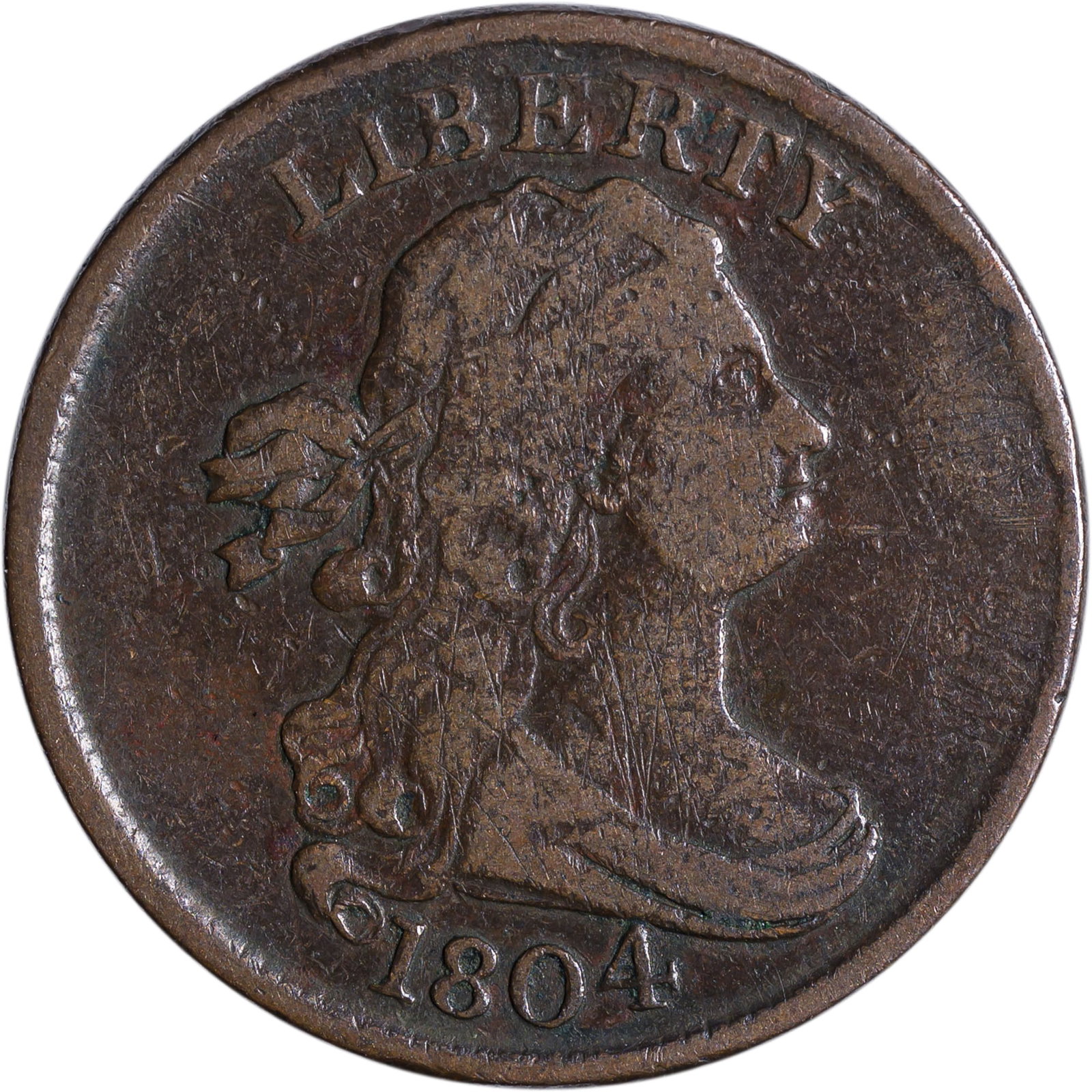VF-20 1804 Spiked Chin Half Cent: C-6 Chocolate Brown. A late die state with die breaks covering nearly half of the reverse rim. Shows scattered tiny marks on the obverse.
