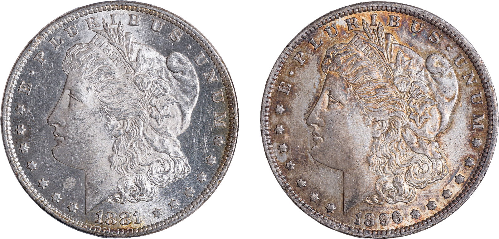 Pair of New Orleans Mint Morgan Dollars: Includes: 1881-O MS-62 PL; and 1896-O AU-50, cleaned, deep orange-gold toning regaining a foothold. (Total: 2 pieces)