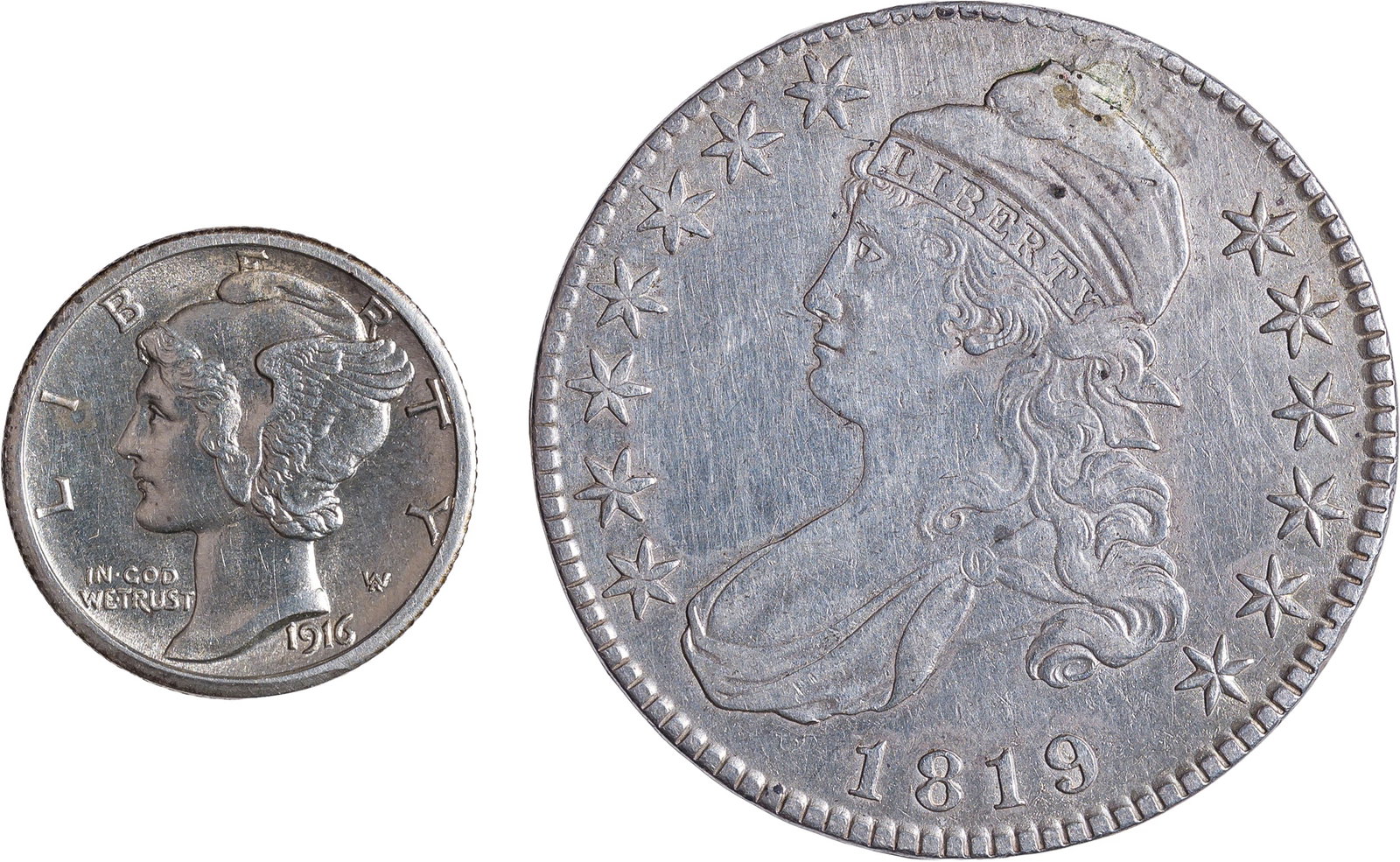 Little Girl and Big Lady Coinage Pair: Includes: 1916-S Mercury Dime, lightly cleaned Unc, otherwise choice; and 1819 Half Dollar, EF Details, holed and plugged. (Total: 2 pieces)