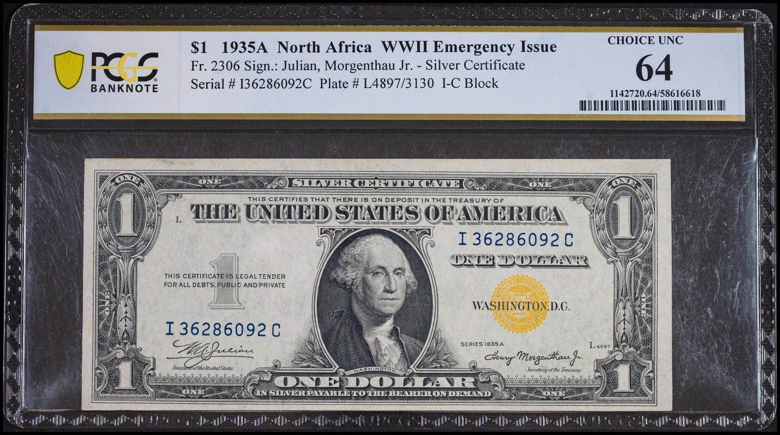 PCGS Choice UNC-64 1935A N.Africa Overprint $1: Fr.2306. Near gem quality.