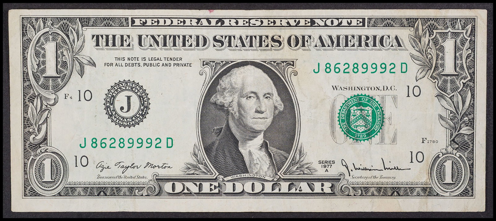 VF 1977A $1 FRN Off Set Printing Error - 2