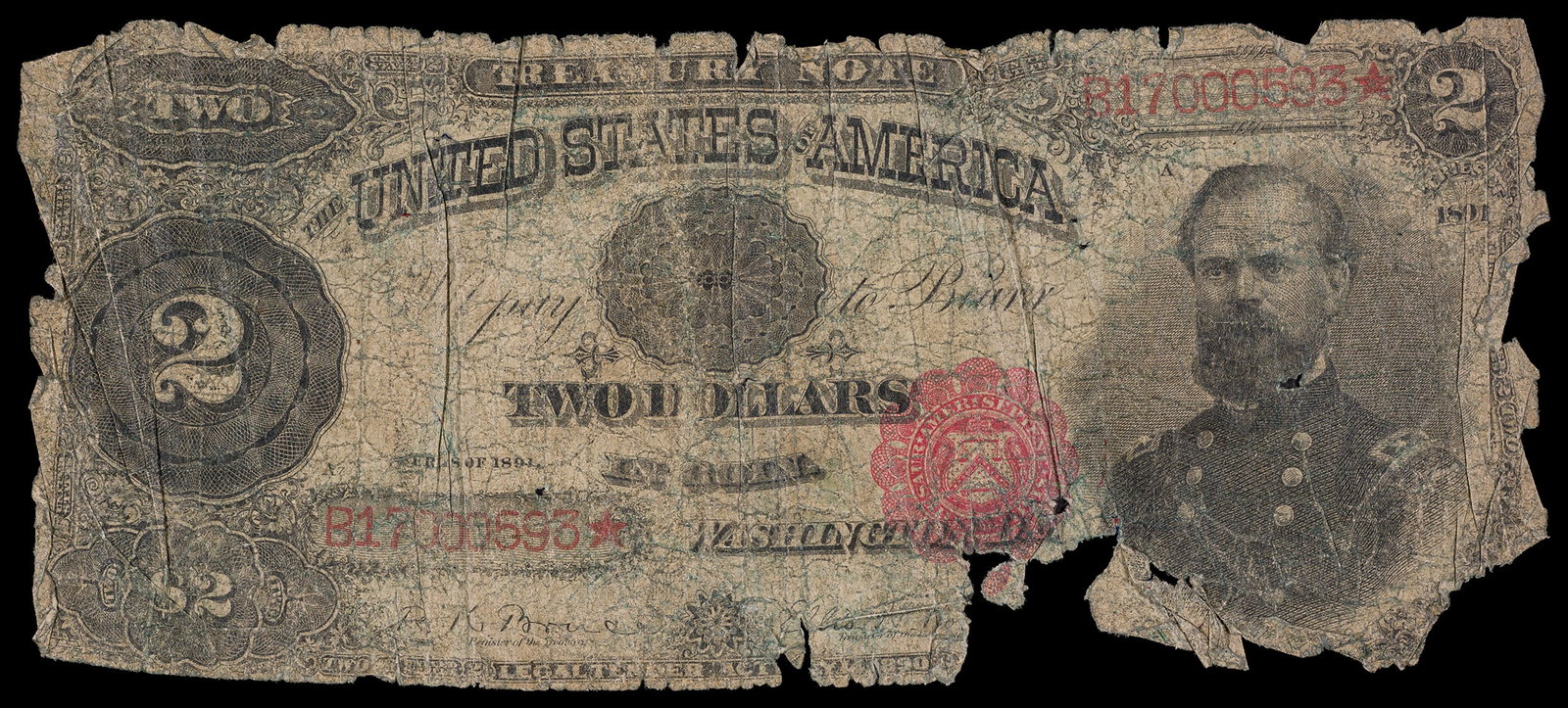 Fair 1891 $2 Treasury Note: Well worn with paper loss mostly at the bottom right.