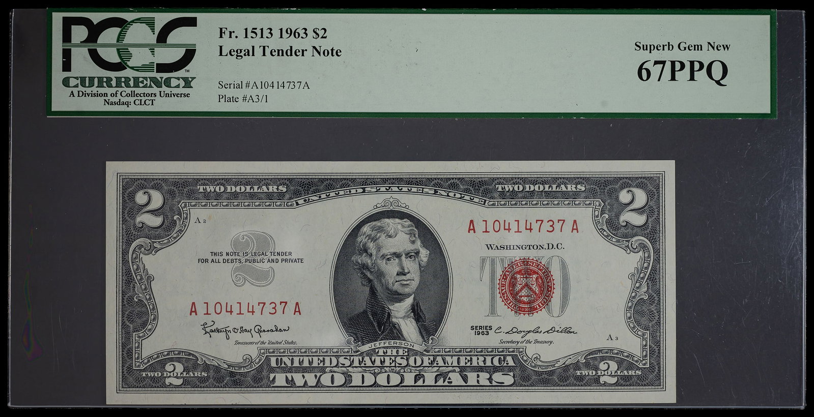 PCGS Superb Gem-67 PPQ 1963 Legal Tender $2: Fr.1513. A superb gem that would be hard to improve upon.