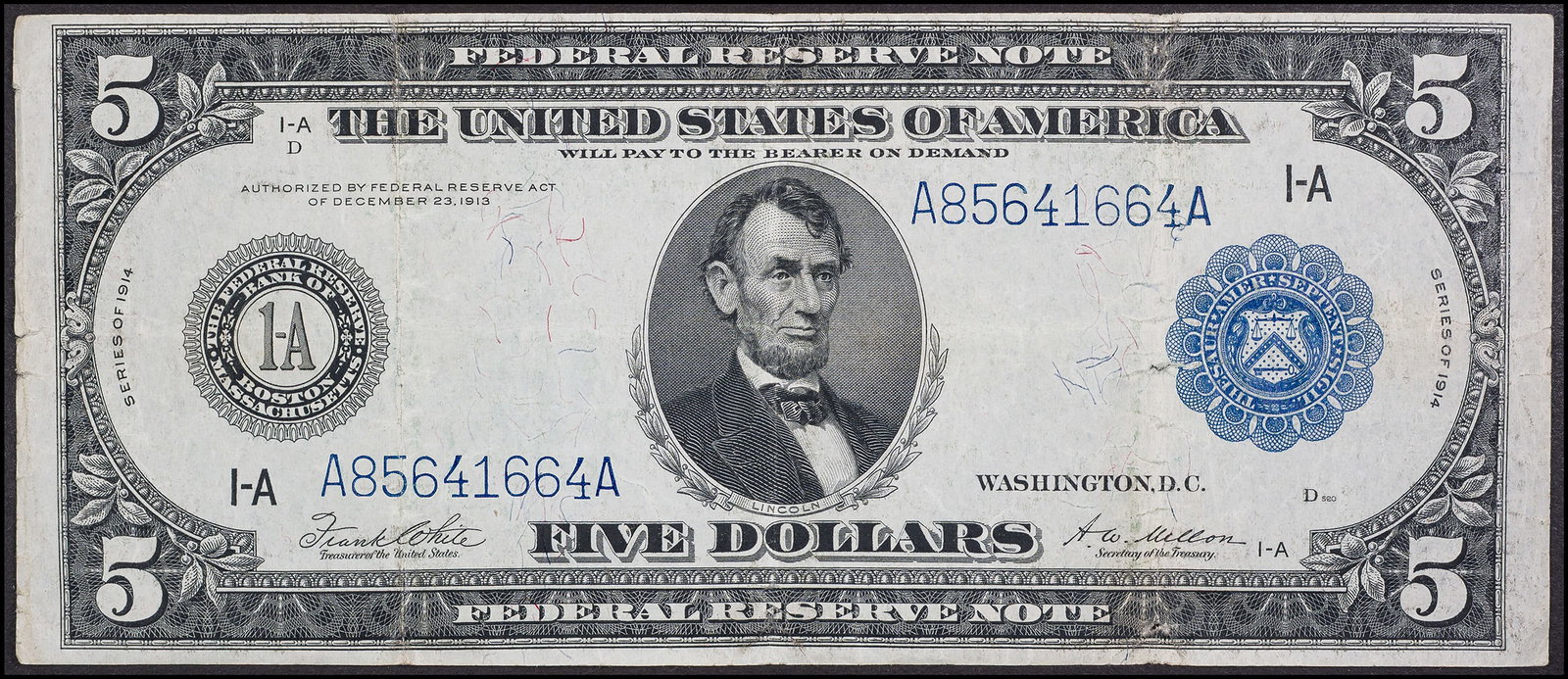 VF 1914 $5 Federal Reserve Note: Fr. 847A. FRB Boston. Shows three small holes at a fold on the right.