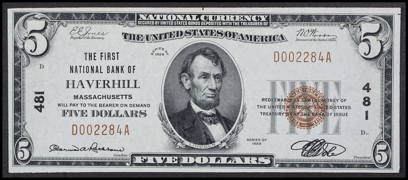 AU 1929 Haverhill MA $5 National: Type I. The First National Bank of Haverhill. Shows no real folds just some waviness.