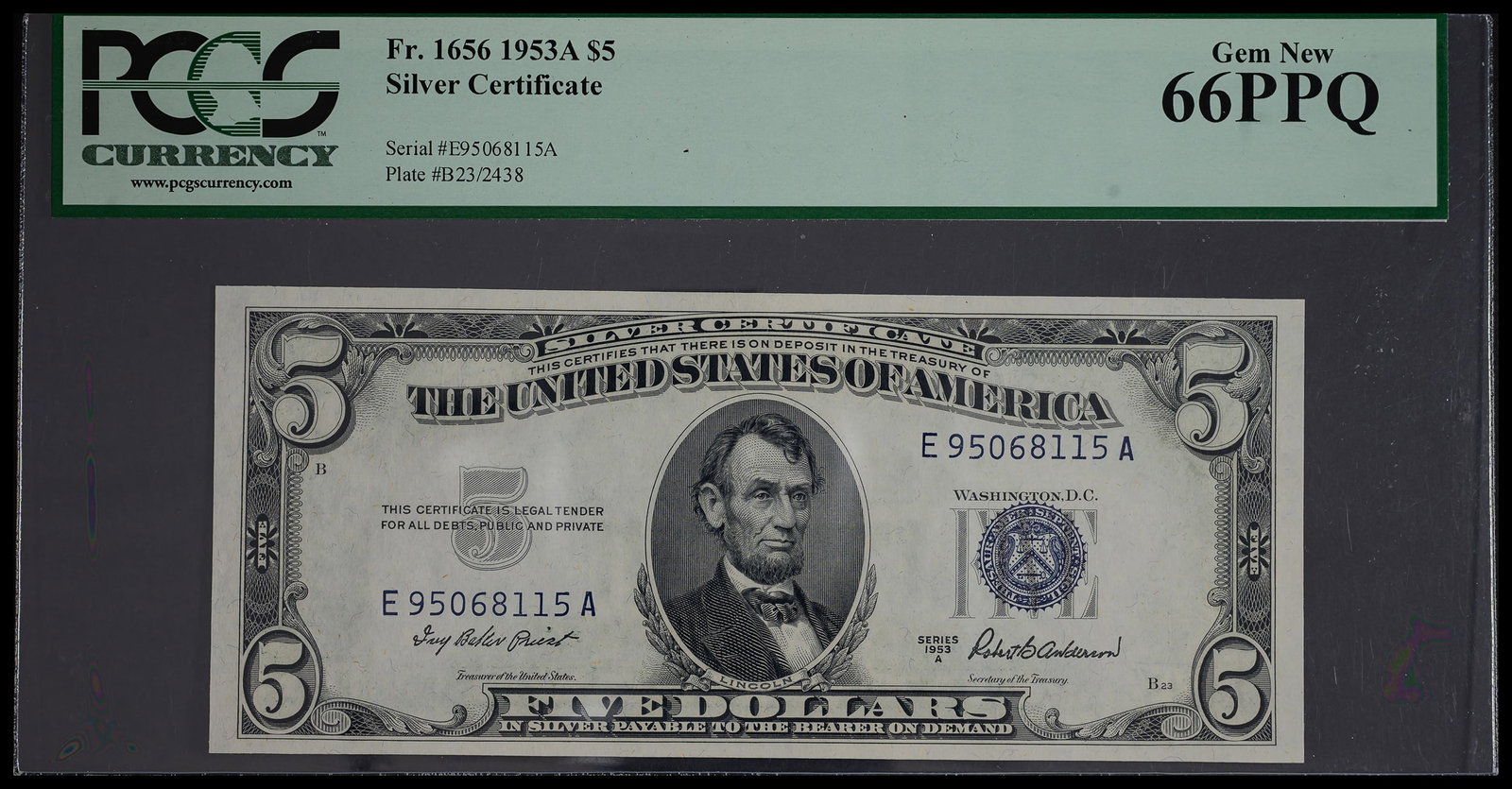 PCGS Gem-66 PPQ 1953A $5 Silver Certificate: Fr.1656. A premium gem with strong embossing and inking.