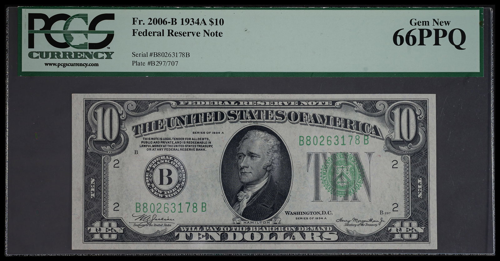PCGS Gem-66 PPQ 1934A $10 Federal Reserve Note: Fr.2006-B. A premium gem that fits the bill for the grade in every way.