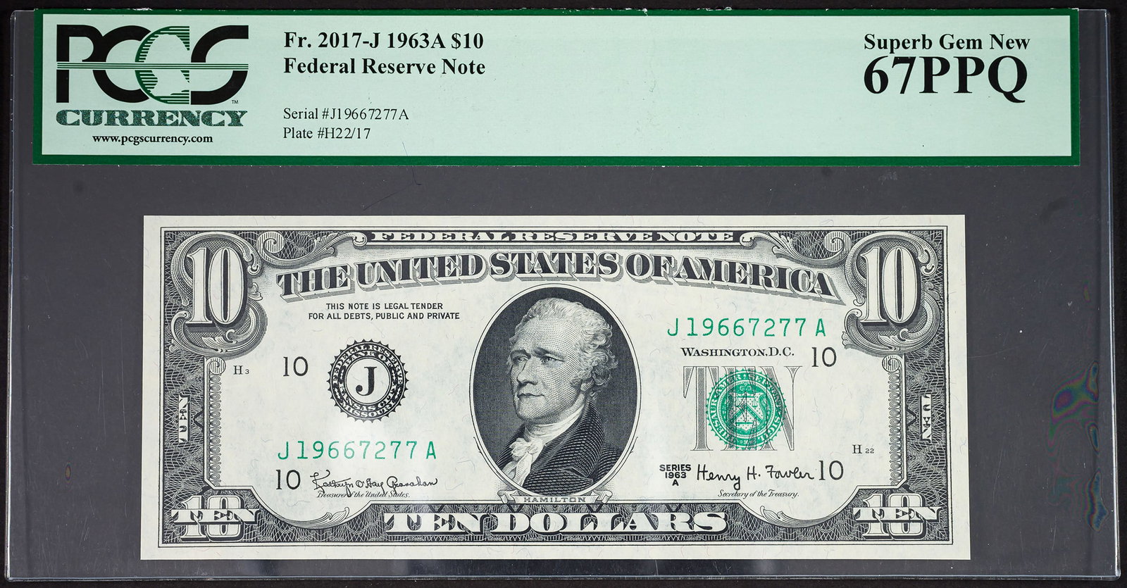 PCGS Superb Gem-67 PPQ 1963A $10 Federal Reserve: Fr.2017-J. Another example of a common note in uncommon quality.