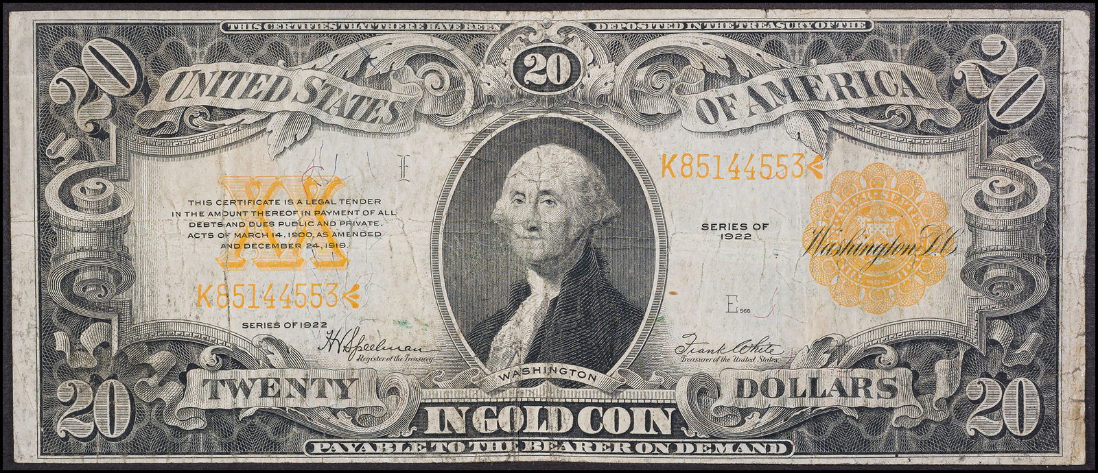 Fine 1922 $20 Gold Certificate: Fr.1187. Worn, but still fully intact and very presentable.