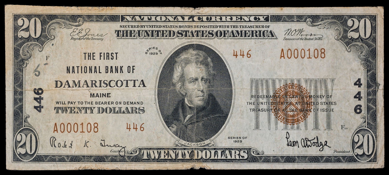 VF 1929 $20 Damariscotta Maine National: TII. Serial #108. The First National Bank Of Damariscotta. Shows a couple of minor paper loss "chips" at the bottom center as well as a small ink notation at the left obverse. Rare, with just 3