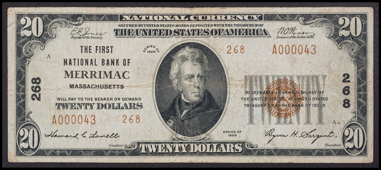 VF 1929 Merrimac MA $20 National: Type II. The First National Bank Of Merrimac. Has the low serial number of 43.