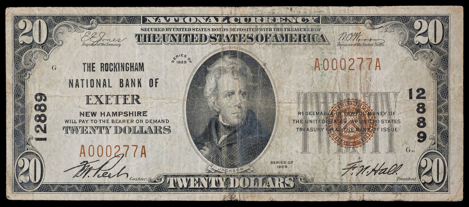 VF 1929 $20 Exeter NH National Currency: TI. The Rockingham National Bank. Serial number 277.