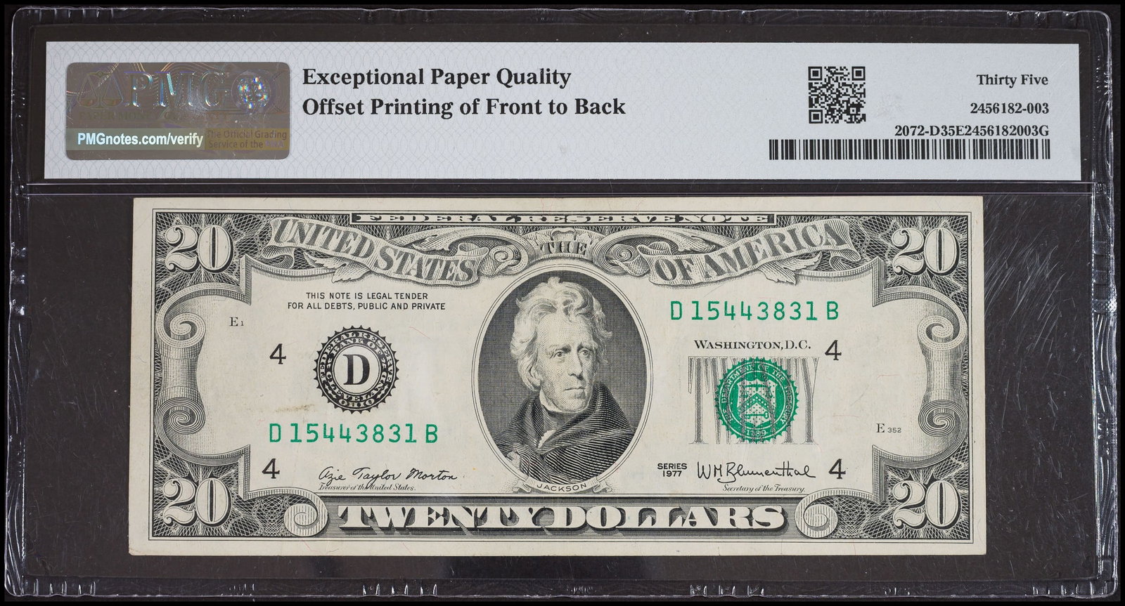 PMG-35 EPQ 1977 $20 FRN Error - 2
