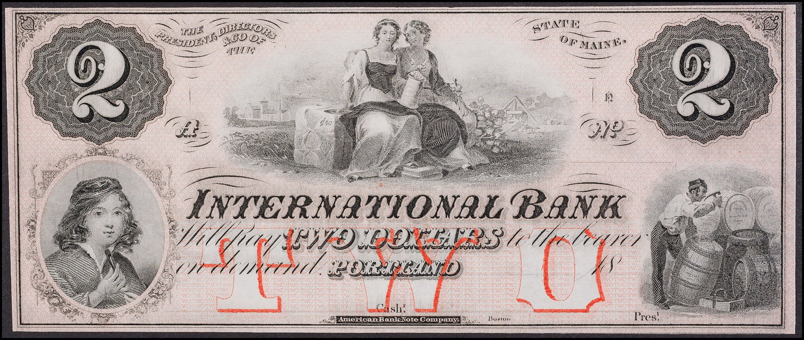 Crisp UNC 1800's Portland ME $2 Obsolete Currency: International Bank. An Unissued remainder.