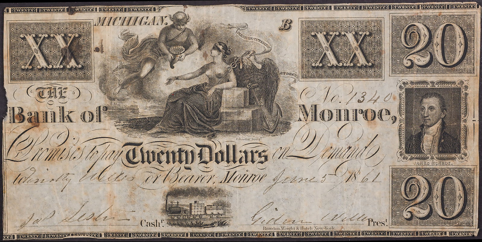 VF 1861 Monroe Michigan $20 Obsolete Currency: The Bank Of Monroe. Shows some small paper loss at the left edge.