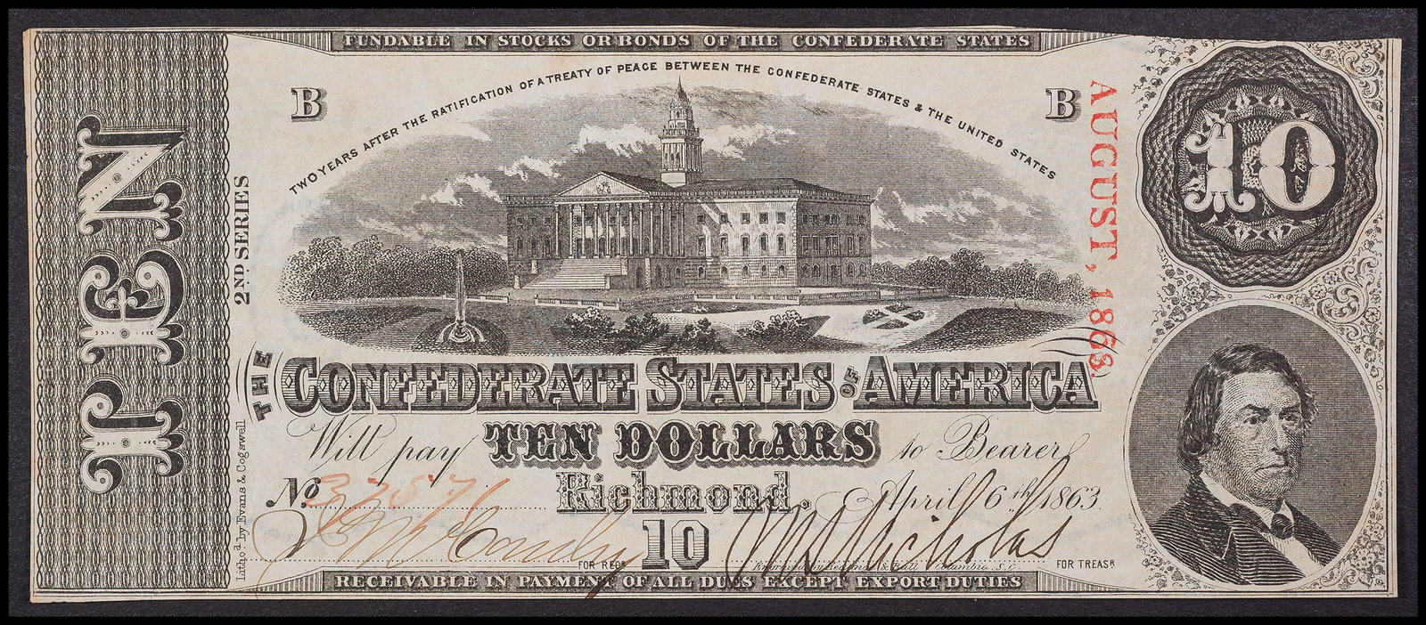 AU 1863 Confederate $10: April 6th, 1863. A crisp example that shows only a couple of short edge folds.