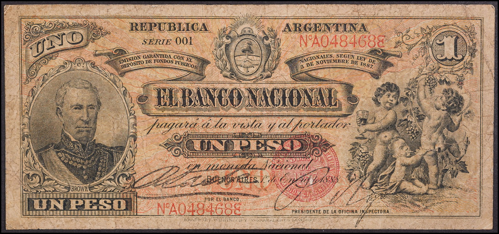 Argentina. VF 1888 1 Peso: P#S1091. Moderately circulated but still retains some crispness.