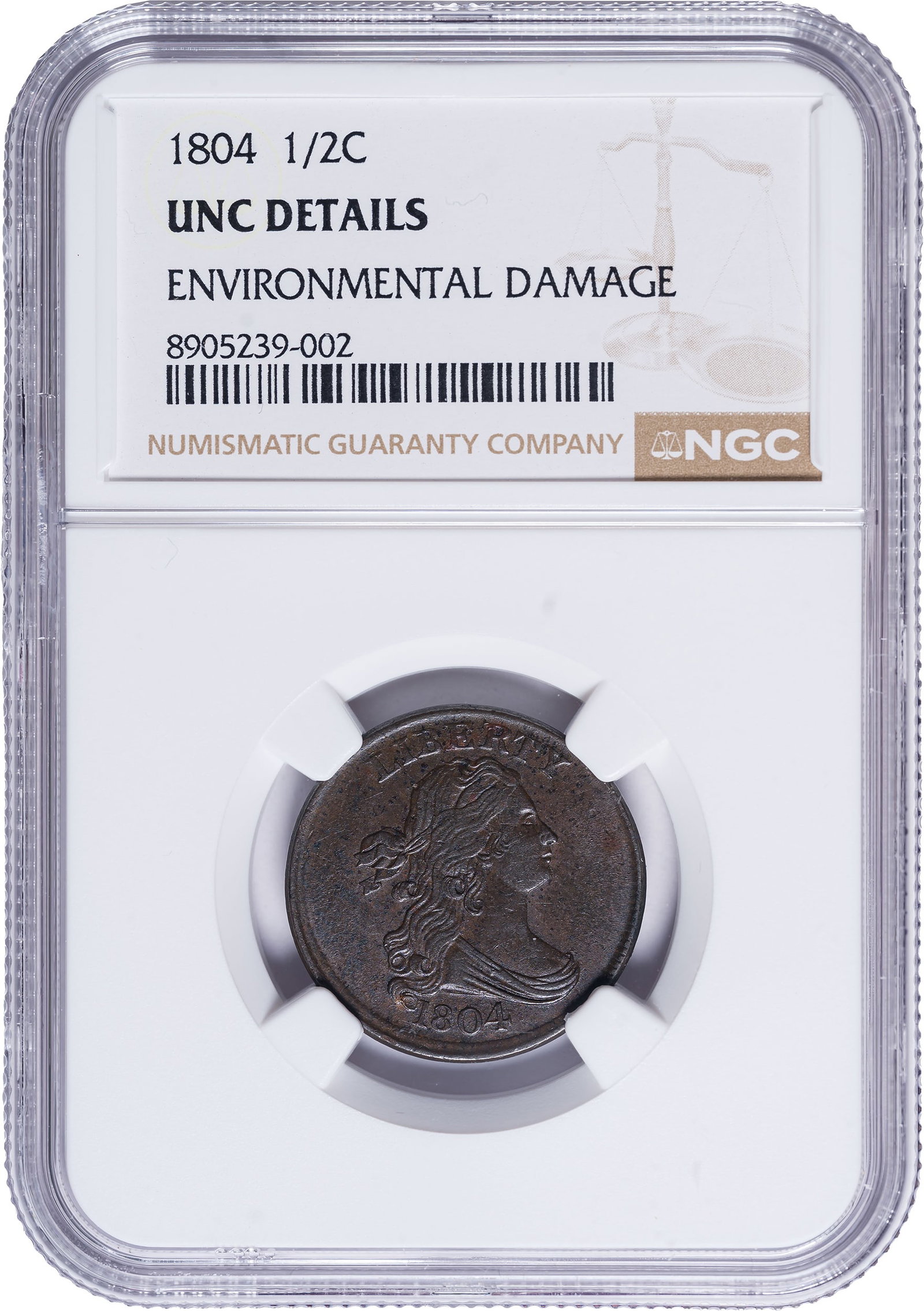NGC UNC Details 1804 Half Cent: Chocolate-brown surfaces offer bold devices and grand eye appeal despite some microgranularity seen under a loupe. An in-hand pleasure.