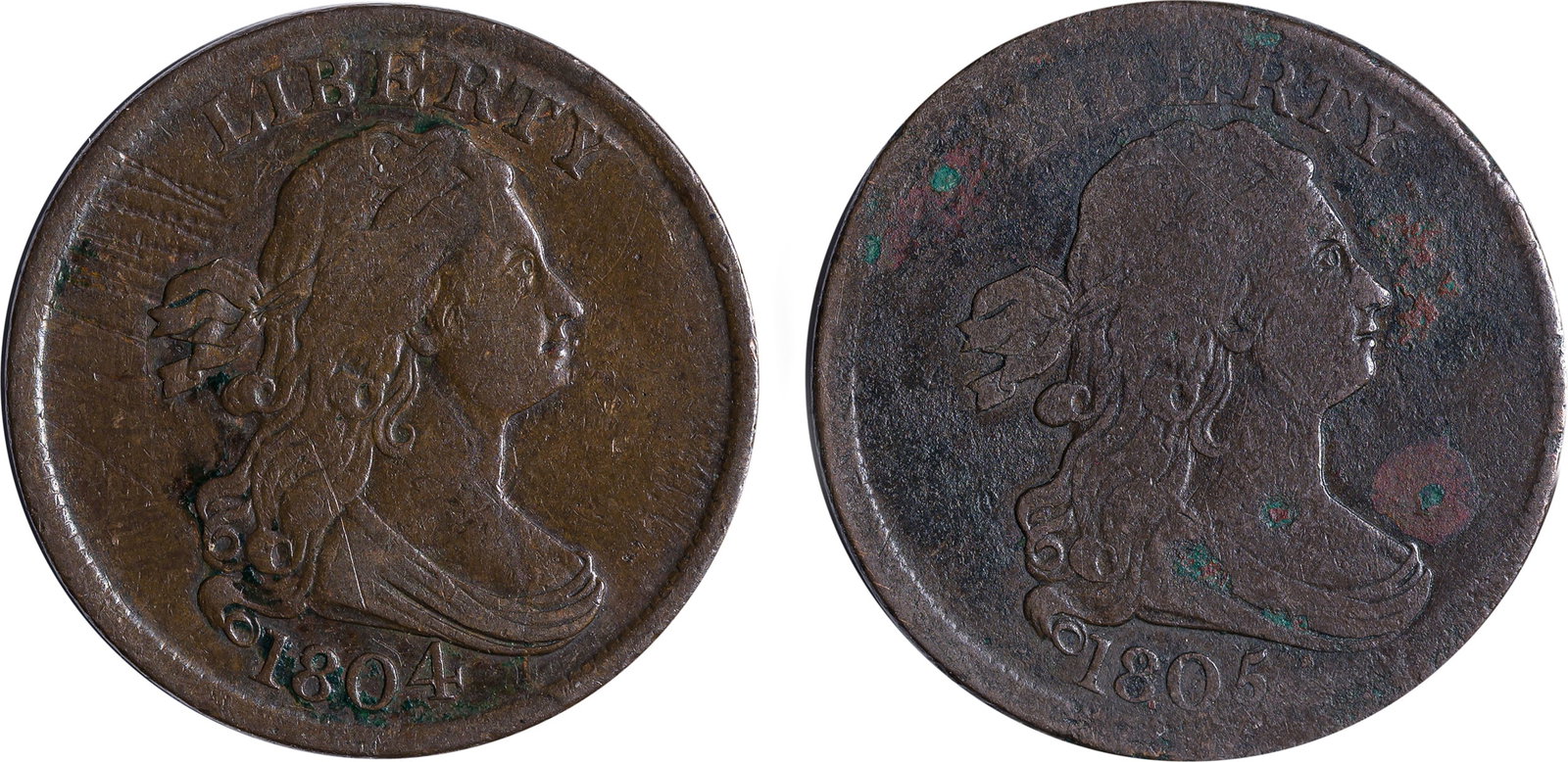 Pair of Draped Bust Half Cents: Includes: 1804 Spiked Chin, VF+, some light scratches; and 1805 Small 5, No Stems, VG+, reverse pitting. (Total: 2 pieces)