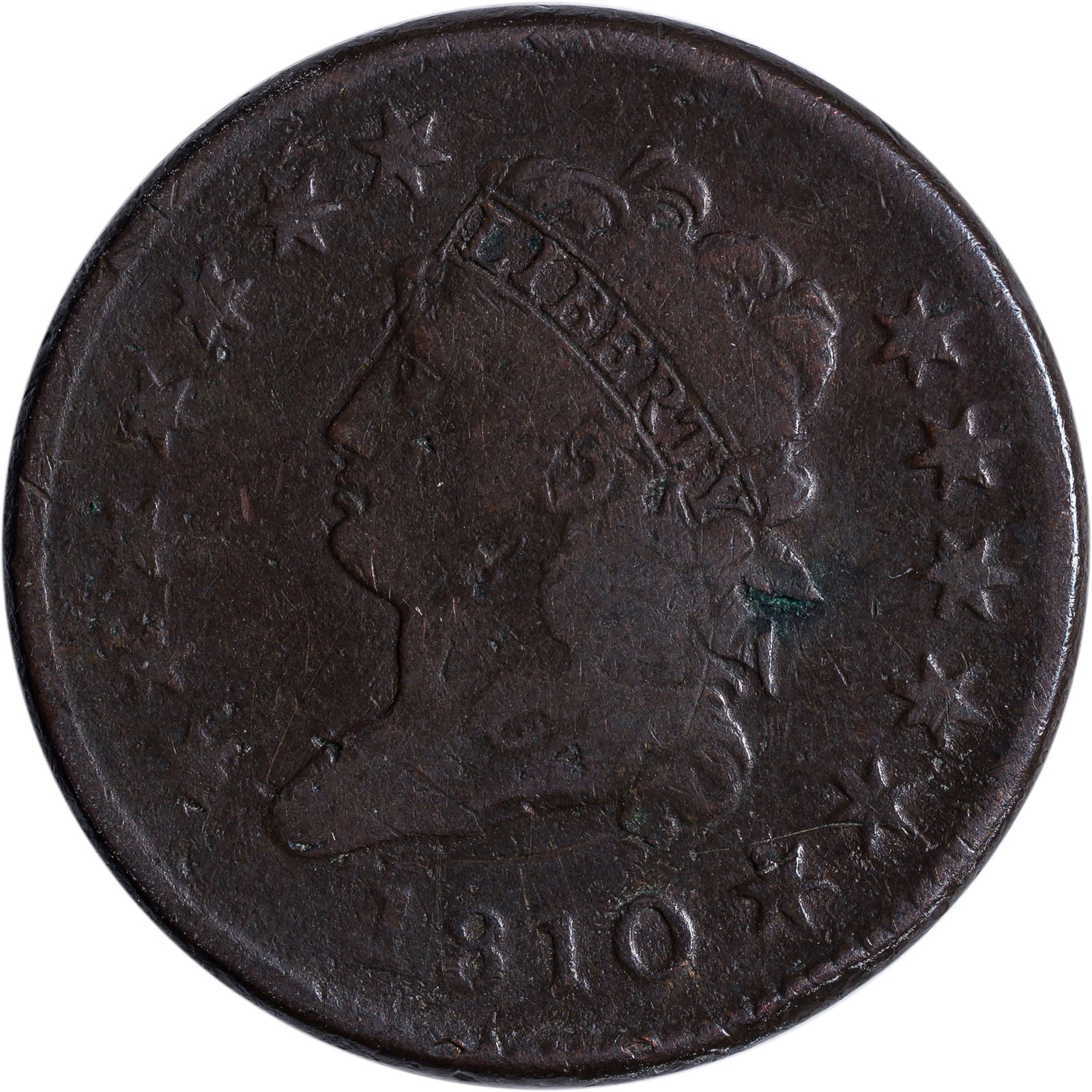 Fine+ Details 1810 Large Cent: Chocolate-brown with some scattered obverse marks; the reverse is a problem-free VF to our eyes.